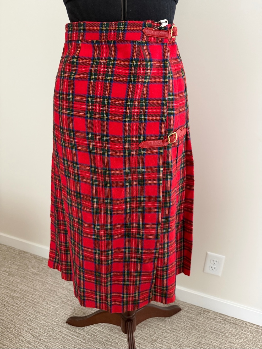 Vintage Red Tartan Wrap Midi Skirt with Buckle Detail